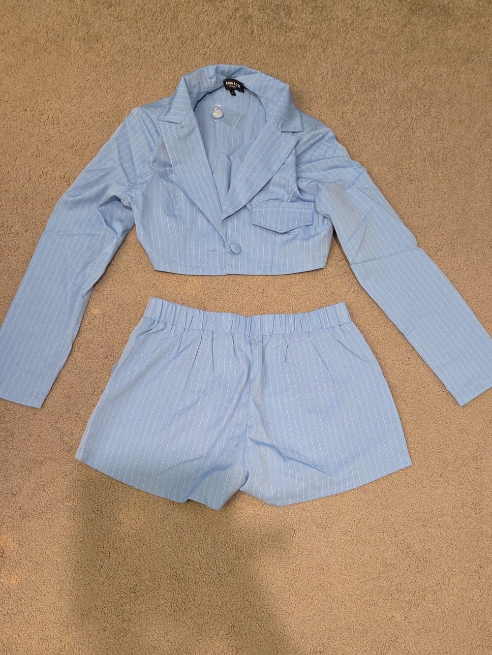 Light Blue Pinstripe Cropped Blazer & Shorts Set